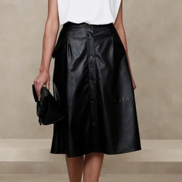 Banana Republic Factory Vegan Leather Midi Skirt 4 Black 759881 Holiday 2023 - Picture 1 of 11